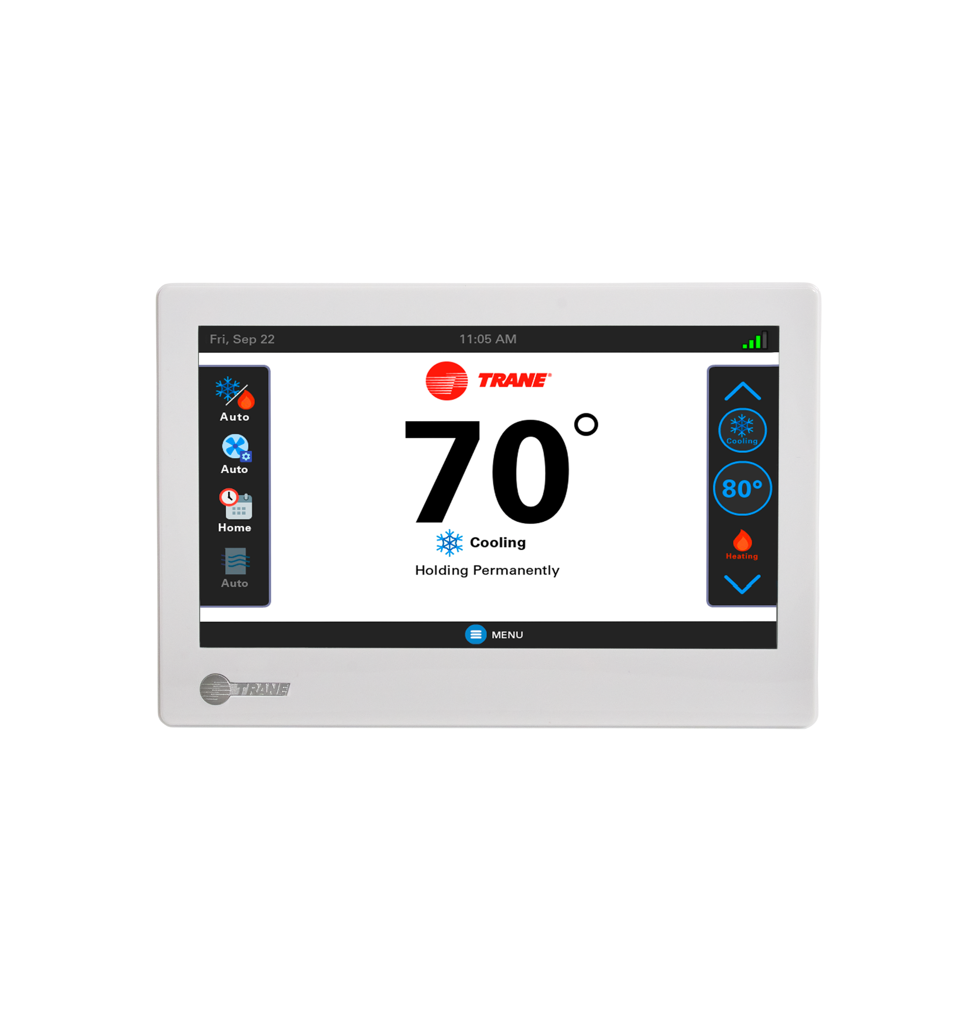 White wall thermostat showing 70° with weather icons and a digital display