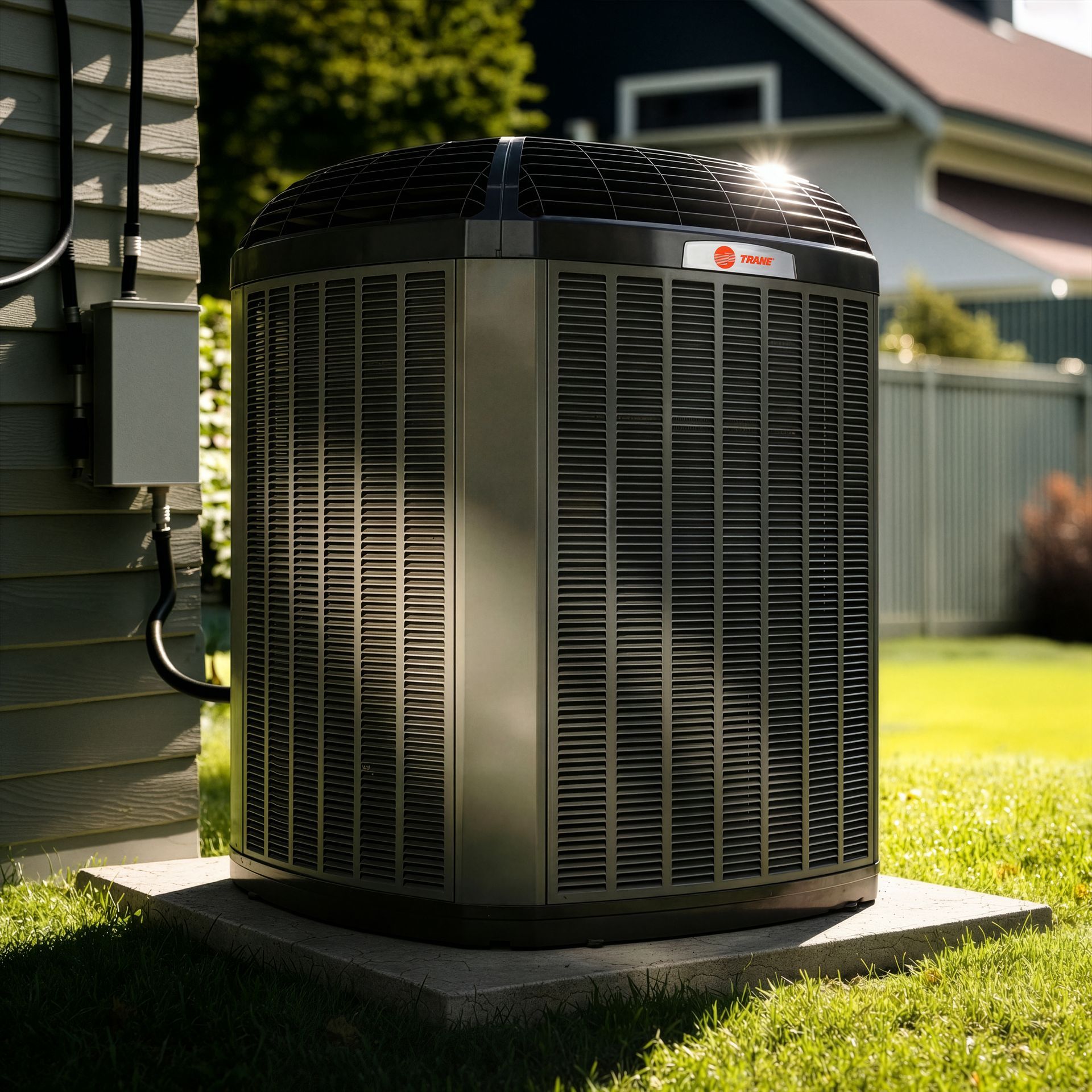 Outdoor central air conditioner unit beside a house, on a concrete pad in a sunny yard
