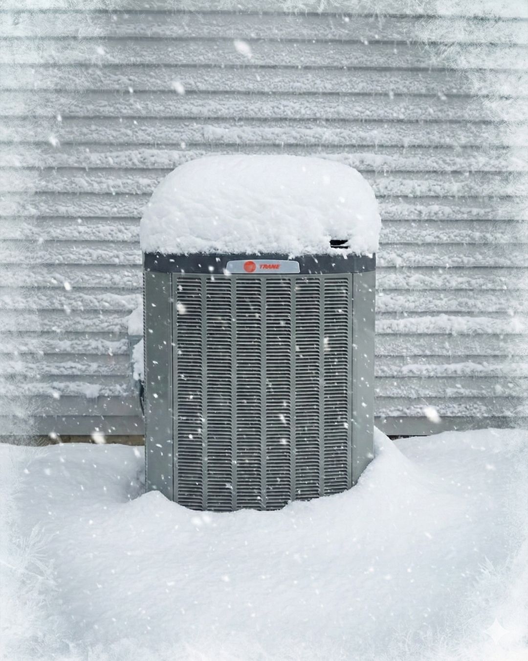 Snow-covered outdoor air conditioner unit in front of a gray wall