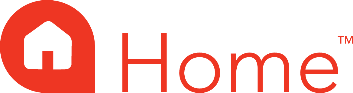 Red house icon next to the word “Home” in red text.