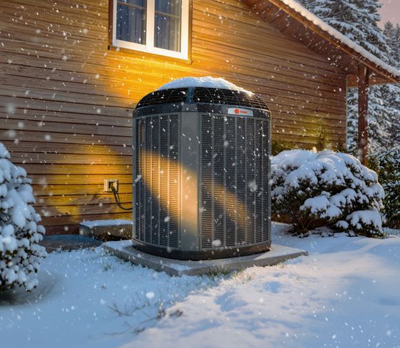 Snow-covered outdoor HVAC unit beside a wooden house at dusk, with warm light glowing on the wall.