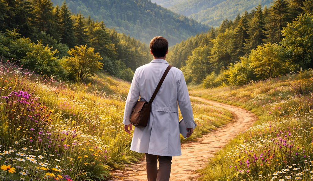 physician walking a winding path