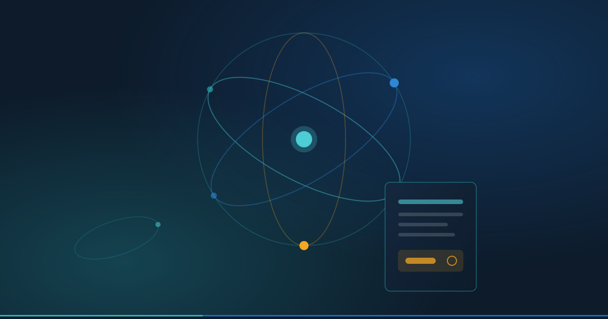 Abstract dark-blue tech interface with orbiting dots and a small login panel on the right.
