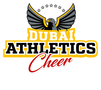 Logo for Dubai Athletics Cheer: yellow, black, and red text with an eagle emblem.