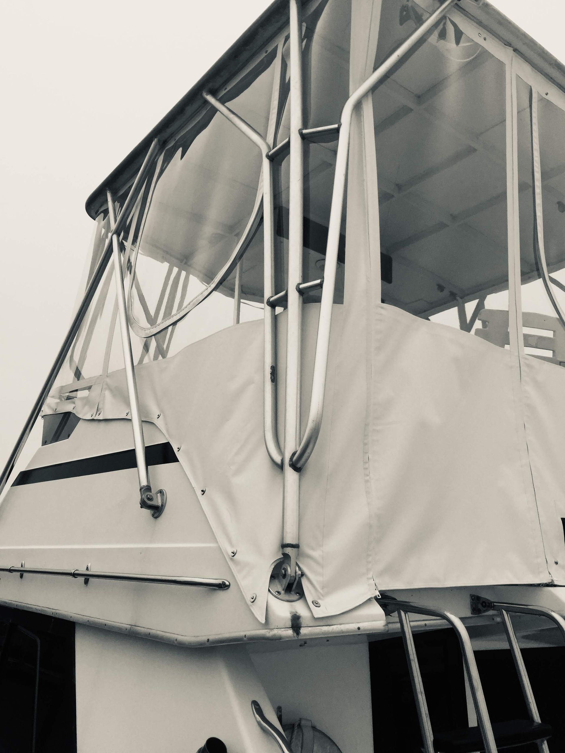 White boat with canvas enclosure and a ladder.