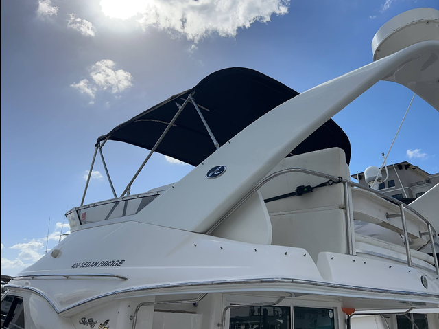 White motorboat with blue canopy on a partly cloudy day.