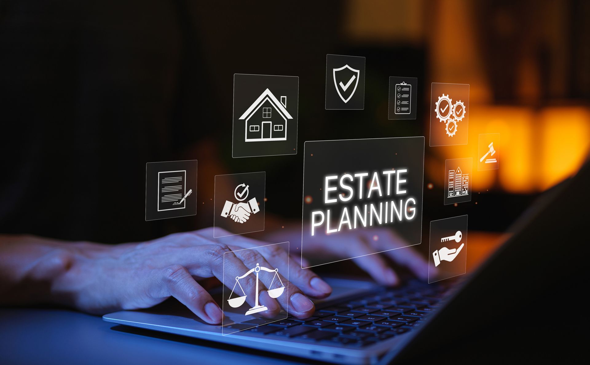 Lawyer using laptop with icons of estate planning and financial law. Lawyer using laptop with icons of estate planning and financial law.