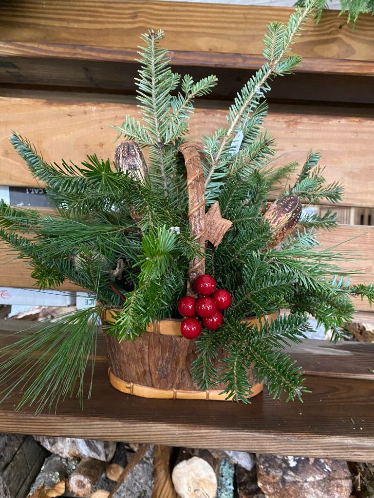 A christmas tree in a pot with a santa claus on top of it is sitting on a wooden bench.