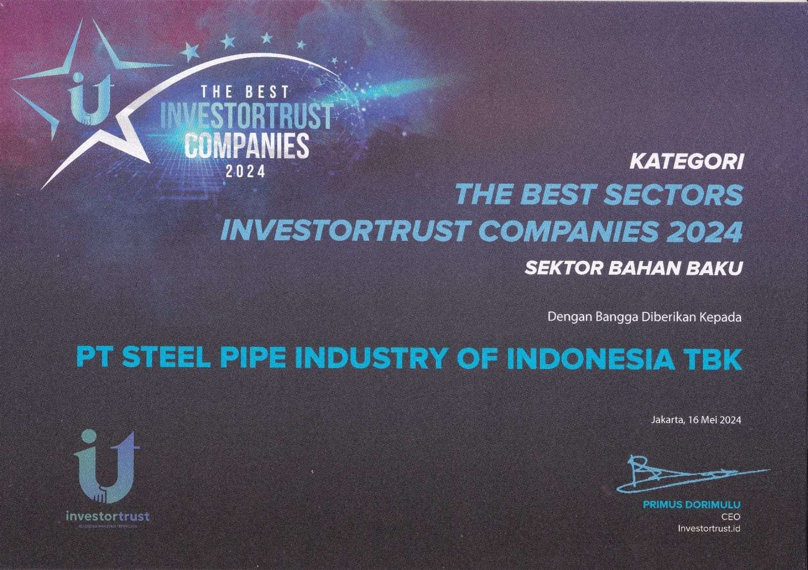 Penghargaan Investortrust 2024 sebagai Perusahaan Terbaik Sektor Bahan Baku