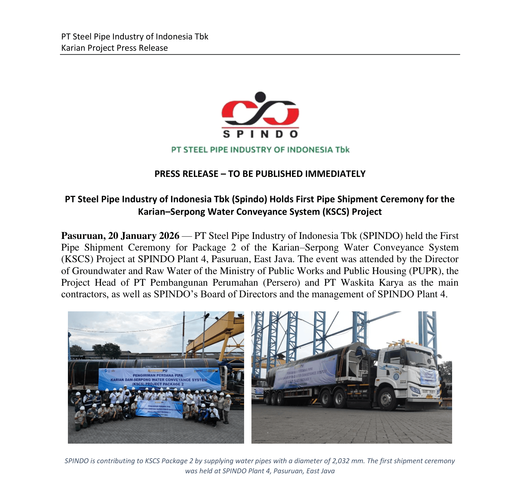 Press Release - First Shipment Pipes for Karian Dam-Serpong Project (KSCS)