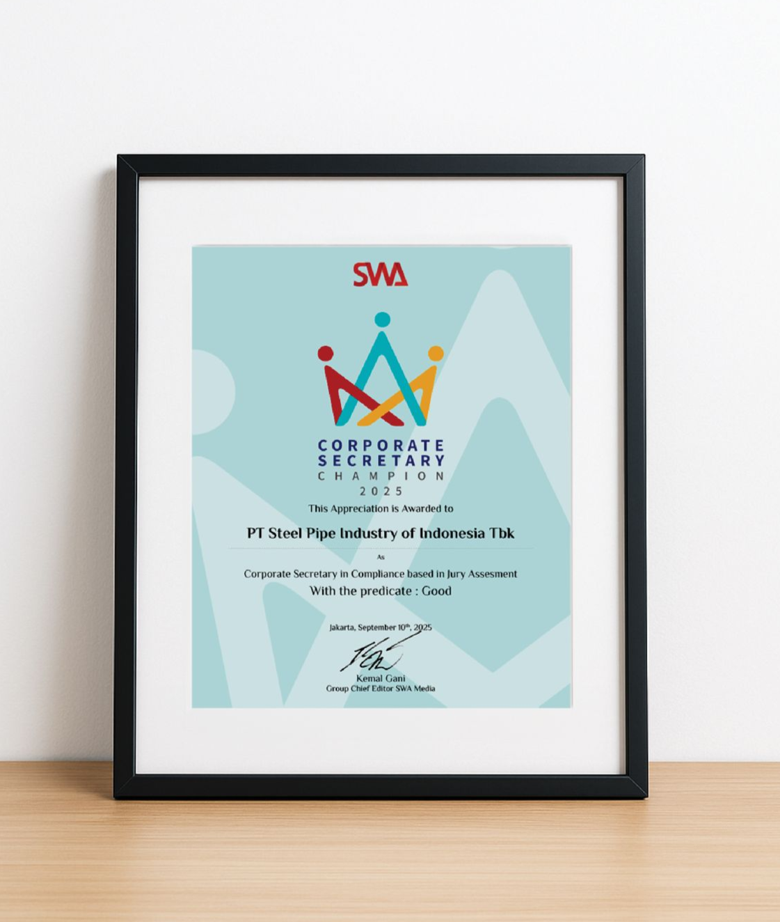 Corporate Secretary Champion 2025 award certificate with a rating of Good
