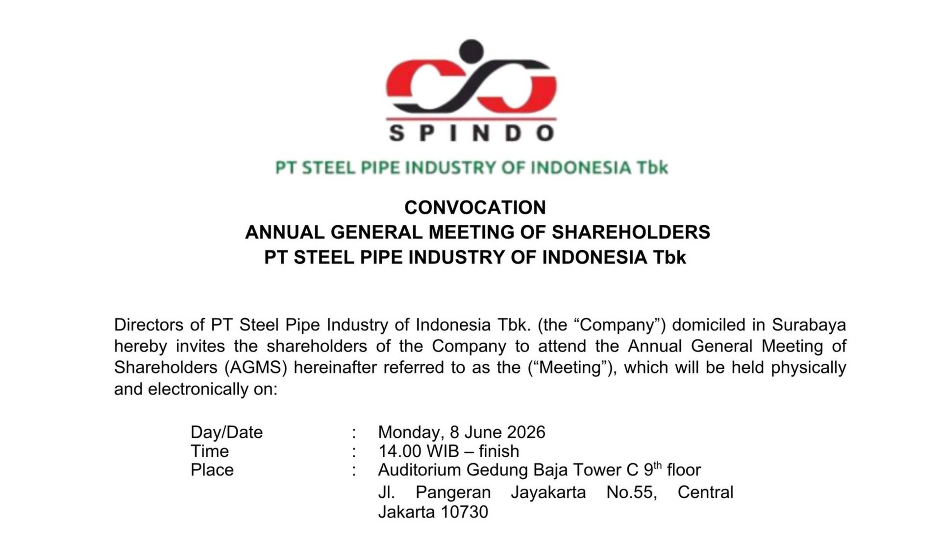 Convocation Annual General Meeting of Shareholders PT Steel Pipe Industry of Indonesia Tbk