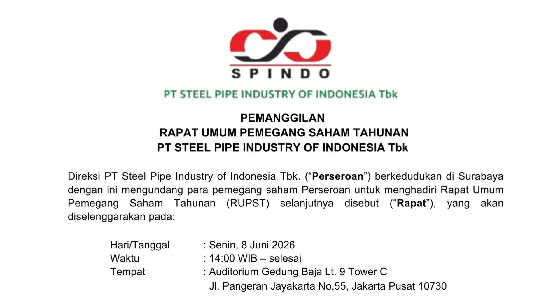 Pemanggilan Rapat Umum Pemagang Saham Tahunan PT Steel Pipe Industry of Indonesia Tbk
