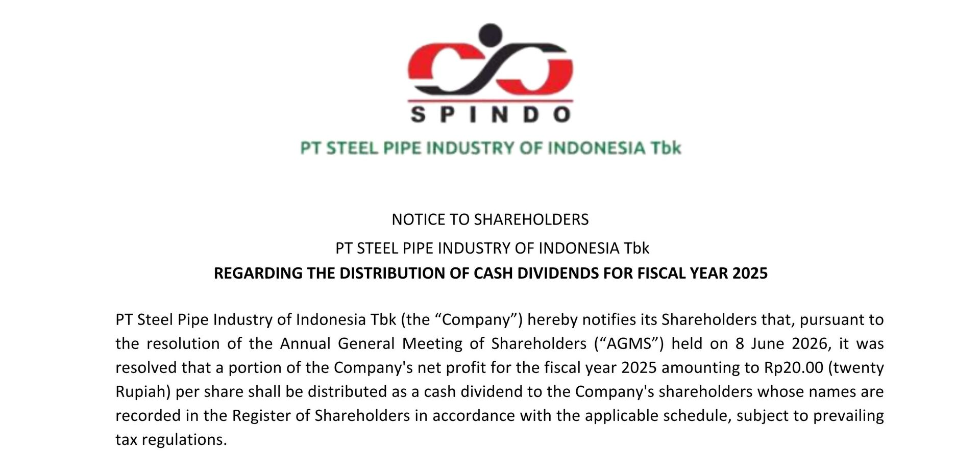 REGARDING THE DISTRIBUTION OF CASH DIVIDENDS FOR FISCAL YEAR 2025 