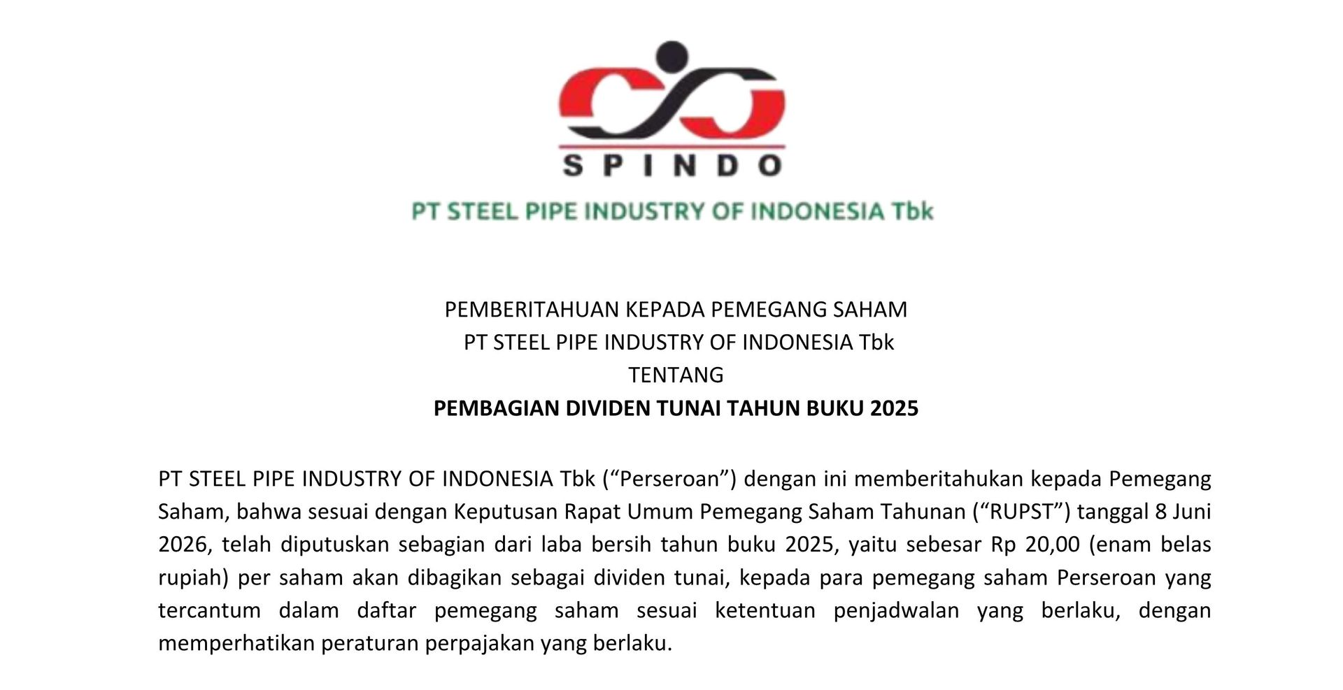 Pemberitahuan Dividen Tahun Buku 2025