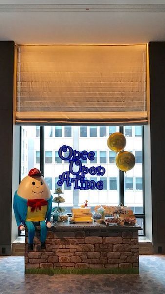 A table with balloons and a sign that says once upon a time