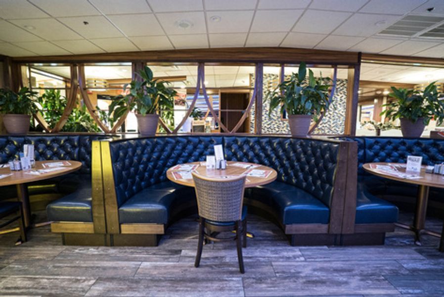 A restaurant with tables and booths and plants in the background