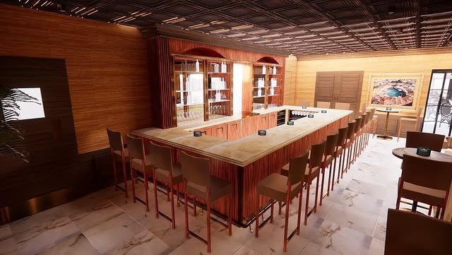 A 3d rendering of a restaurant with a long bar and chairs.