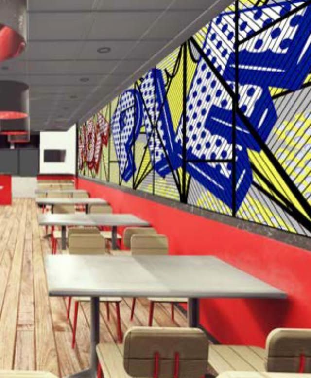 An artist 's impression of a restaurant with tables and chairs
