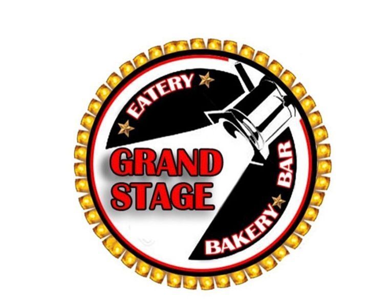 A logo for grand stage bakery and bar