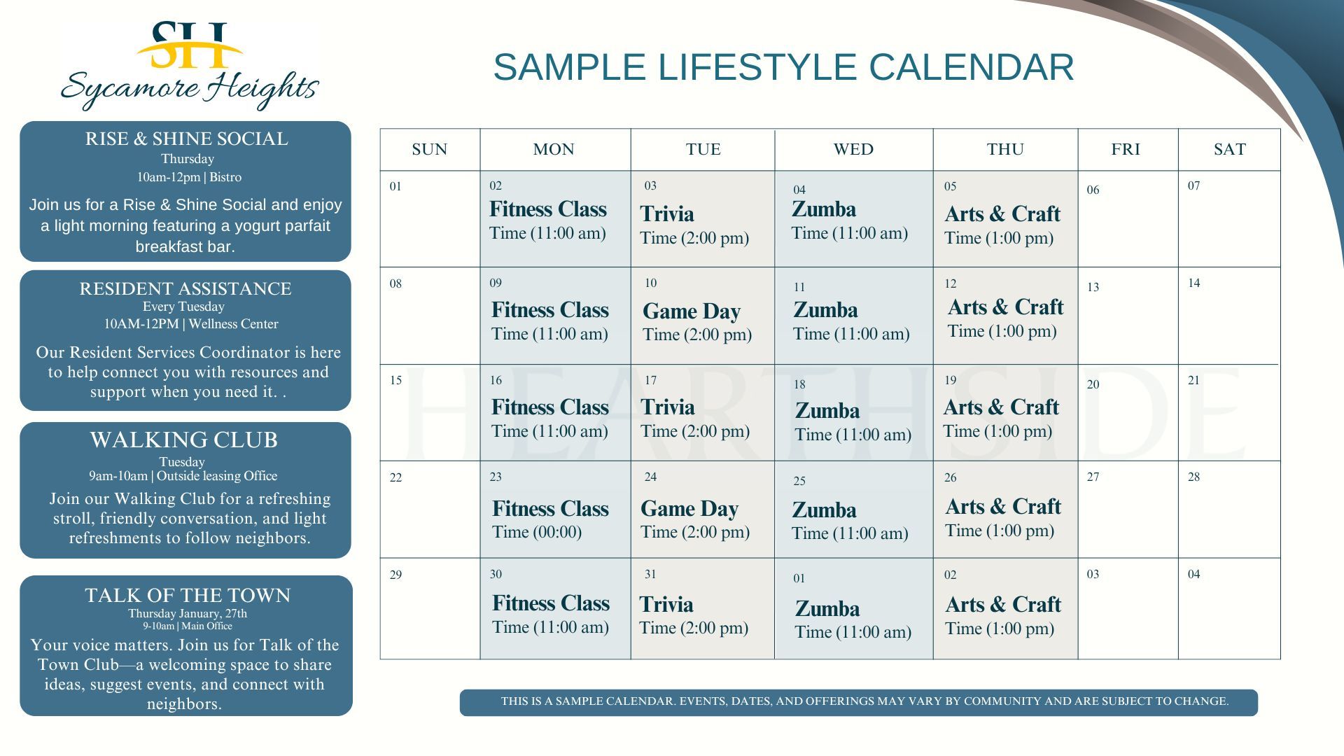 Heathside sample lifestyle calendar with blue sidebar and a weekly planning grid