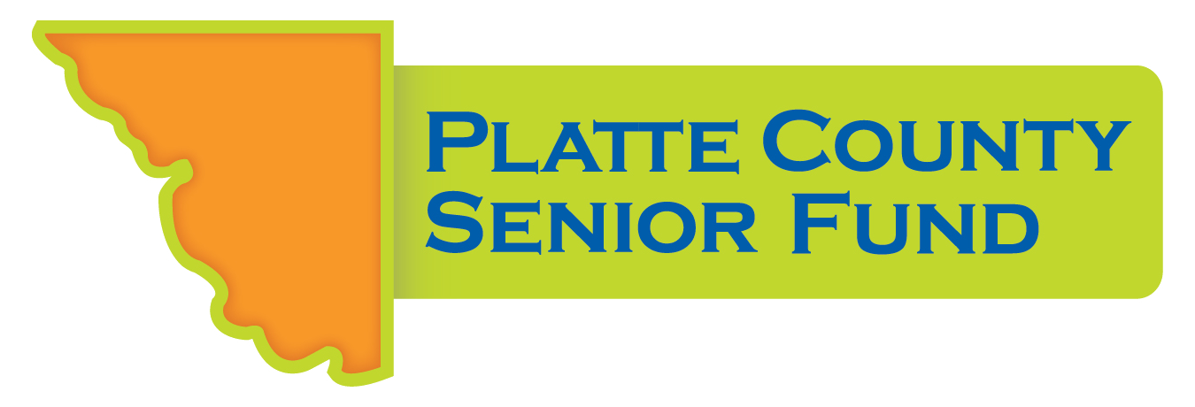 The logo for platte county senior fund is yellow and orange.
