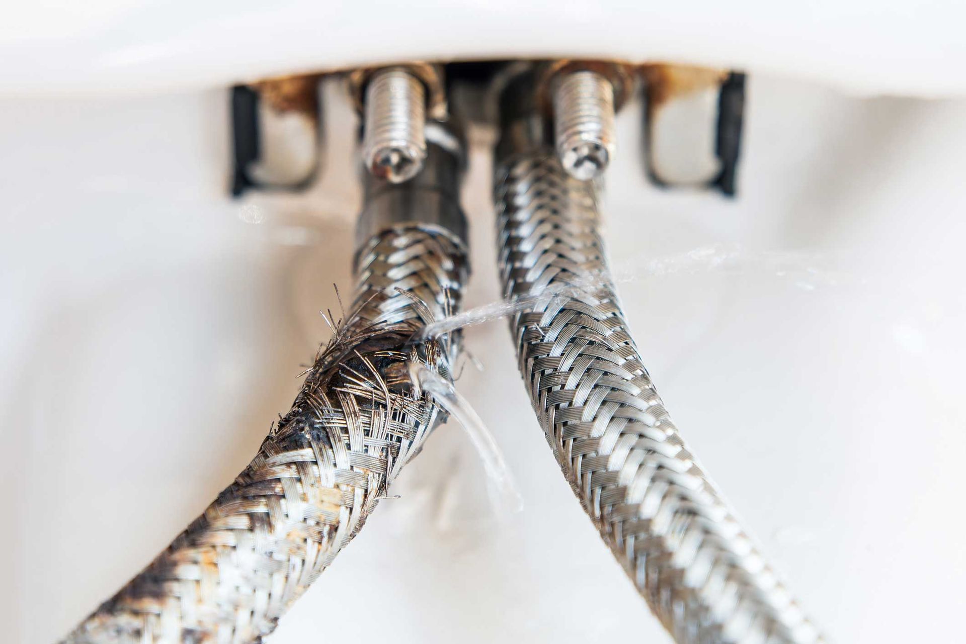 Close-up of two braided metal plumbing hoses under a sink, one damaged and leaking water. Close-up of two braided metal plumbing hoses under a sink, one damaged and leaking water.