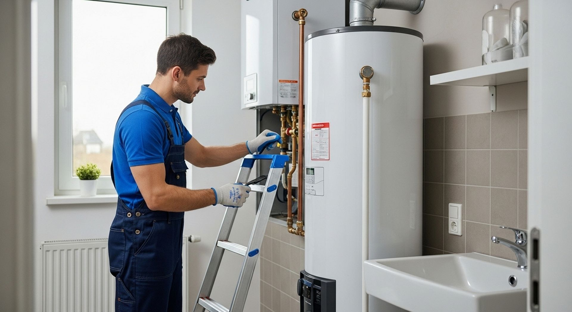 Plumber servicing a residential water heater tank with copper piping.