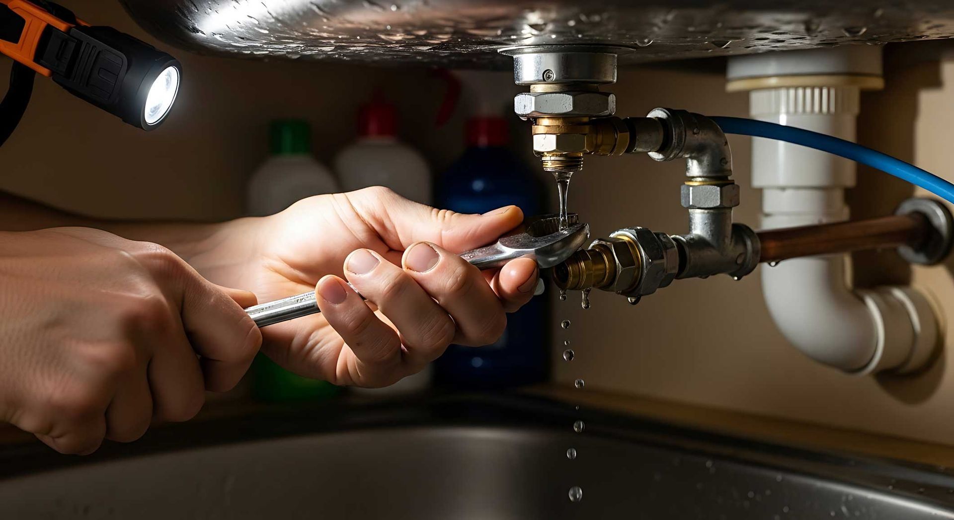 Hands tightening a pipe fitting under a sink with a wrench in a dimly lit cabinet Hands tightening a pipe fitting under a sink with a wrench in a dimly lit cabinet