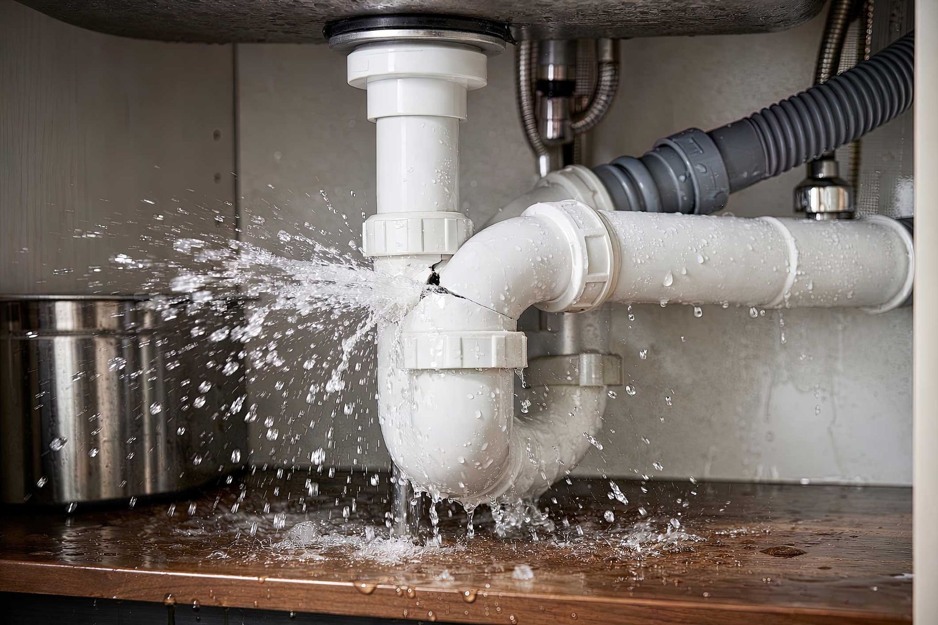 Leaking white sink drain pipe under a cabinet, spraying water onto the floor Leaking white sink drain pipe under a cabinet, spraying water onto the floor