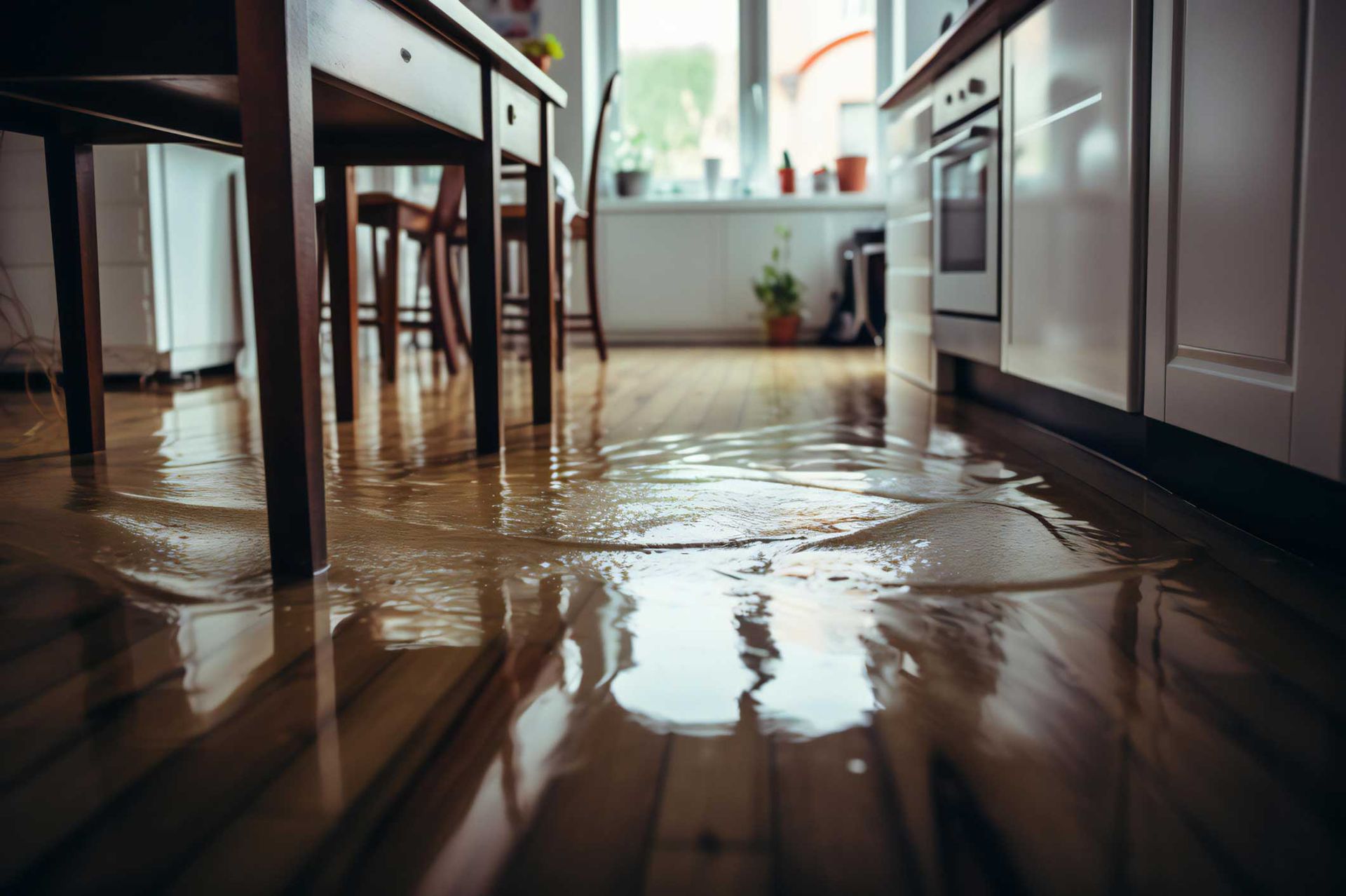 Flooded kitchen floor with water reflecting cabinets and table legs Flooded kitchen floor with water reflecting cabinets and table legs