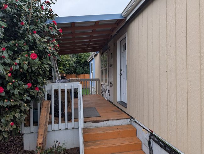 Front porch of a beige house with orange steps, a white railing, and a flowering bush on the left.