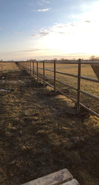 Rustic wire fence along a dry grassy field at sunset, with open sky and distant trees.