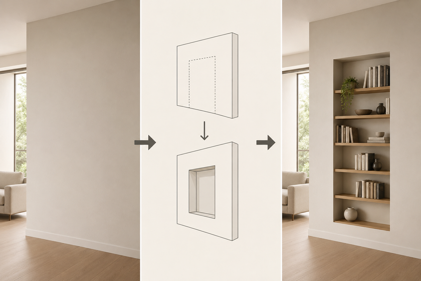 Cucina moderna con mobili in legno, ripiani bianchi e lampade a sospensione nere.