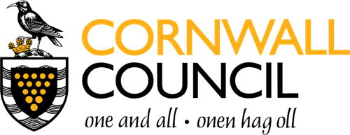 The Cornwall Council logo featuring a black and gold heraldic shield, a black bird, and the text