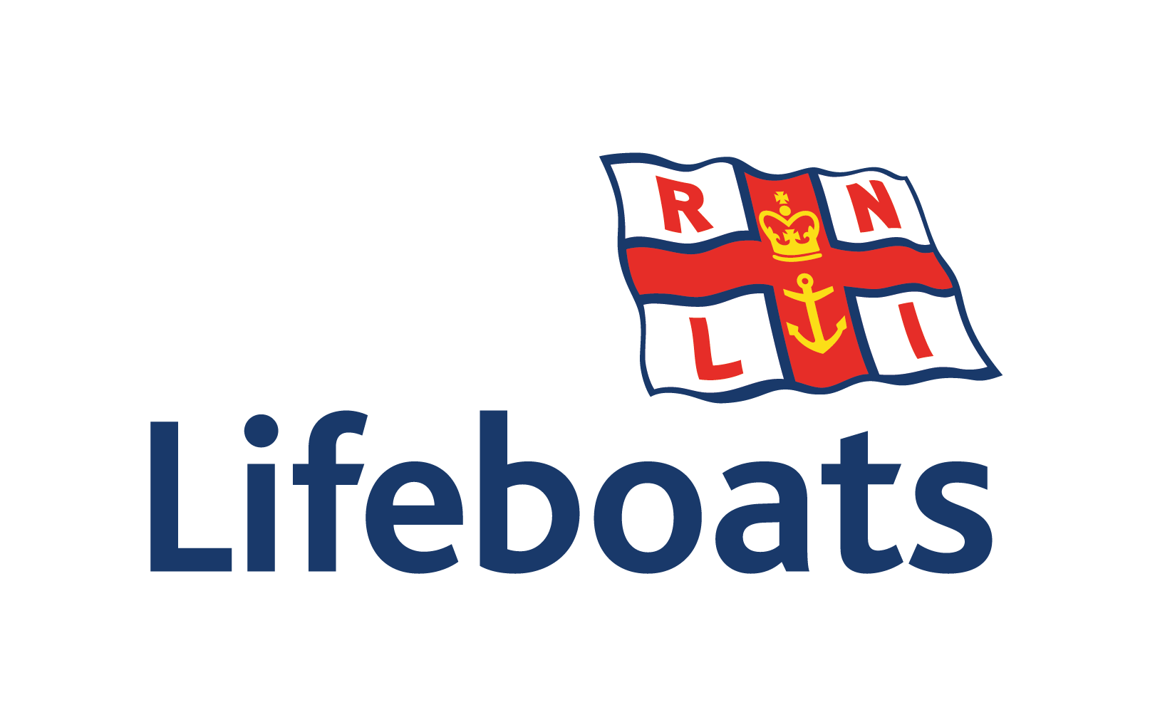 Logo of the RNLI Lifeboats featuring a red cross with a crown and anchor on a white field above the text