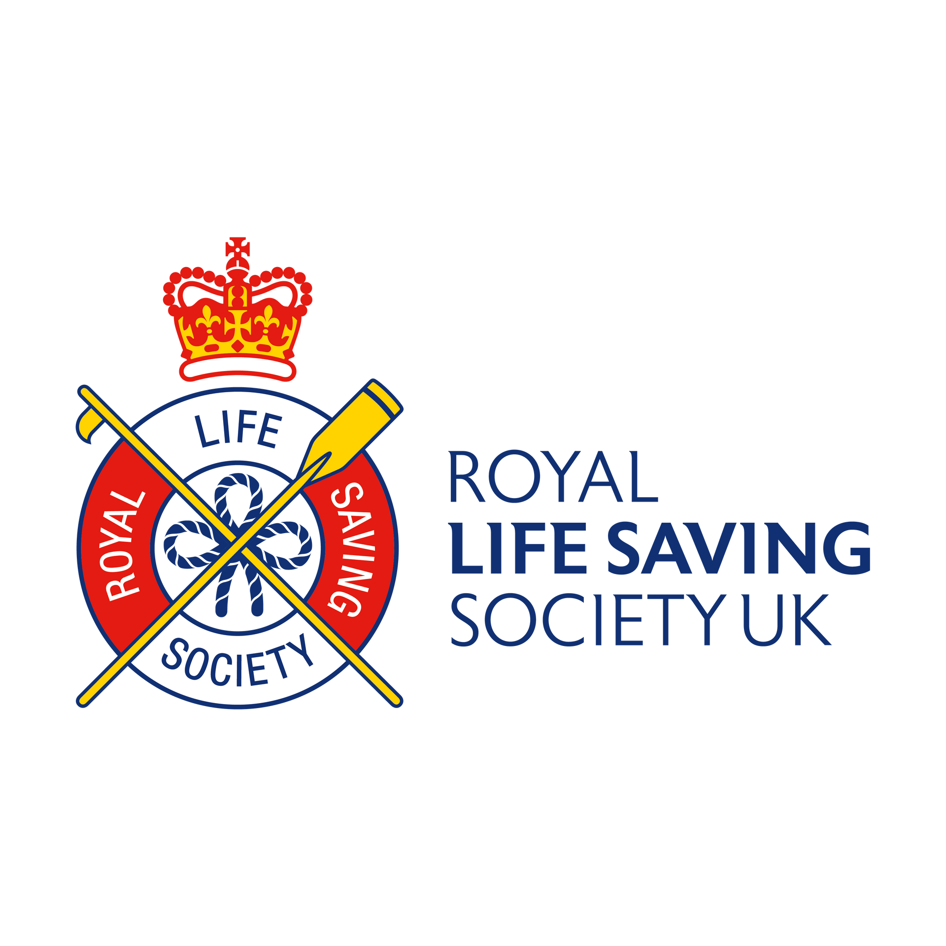 Logo of the Royal Life Saving Society UK: a white circle with red borders, a crown, and crossed oars over blue rope.