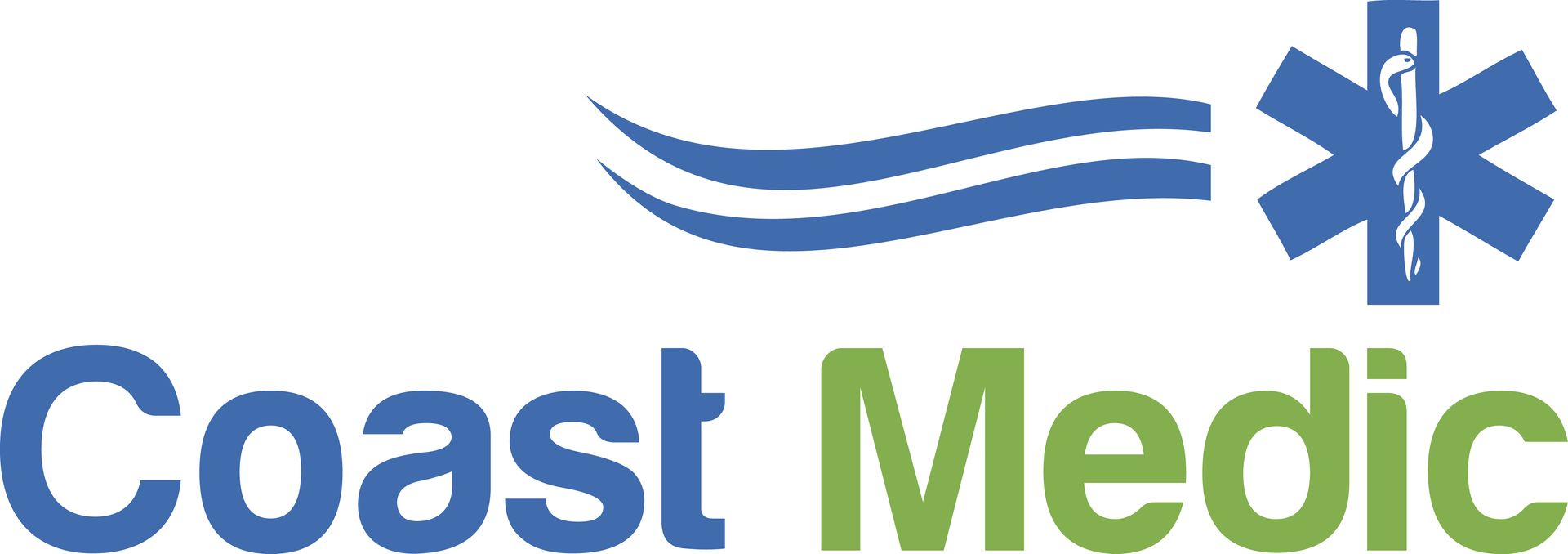 Logo for Coast Medic featuring a blue wave graphic next to a blue Star of Life symbol, with