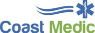 Logo for Coast Medic featuring a blue wave graphic next to a blue Star of Life symbol, with 