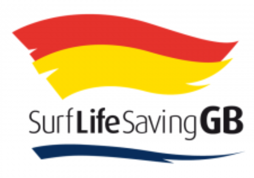 Logo for Surf Life Saving GB with a red and yellow flag graphic above the text and a navy blue wave element below.