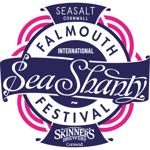 Logo for the Falmouth International Sea Shanty Festival, featuring white text on a dark purple circular background.