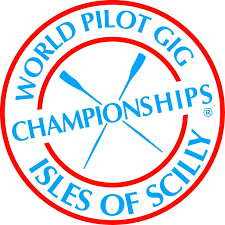 Logo for the World Pilot Gig Championships on the Isles of Scilly, featuring two crossed oars inside a blue-ringed circle.