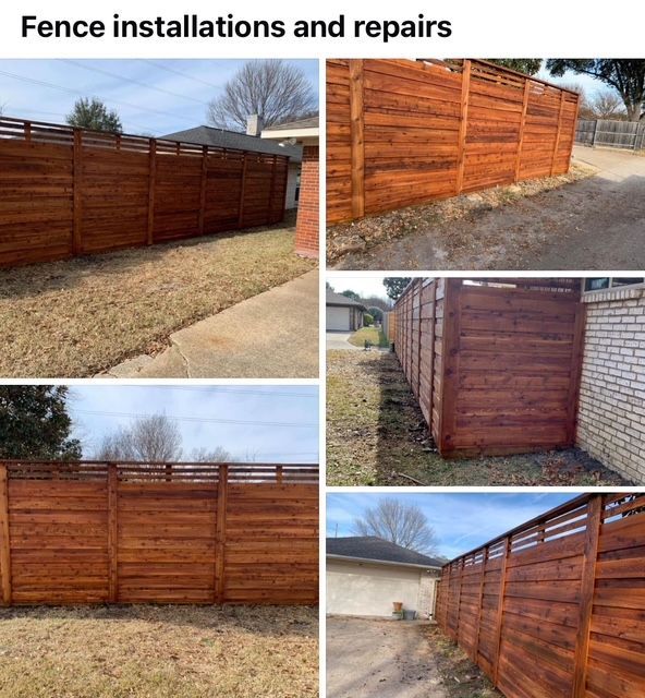 Wooden fence installation and repair collage in a residential yard, showing stained privacy fences from different angles