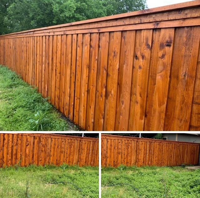 Wooden privacy fence stained warm brown along a grassy yard, shown in three views.