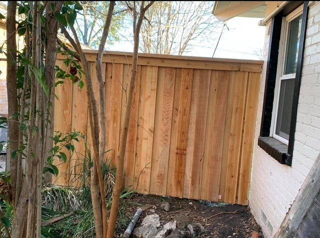 Wooden fence between a house and a narrow garden path, with trees and white siding nearby