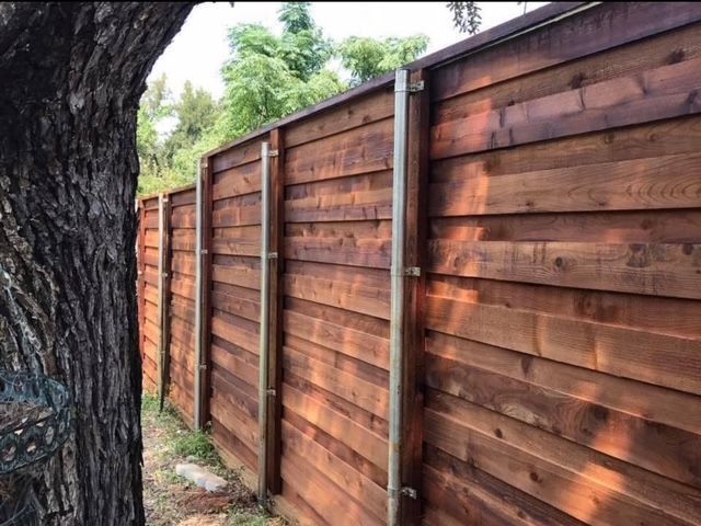 Wooden privacy fence beside a large tree in a sunlit yard