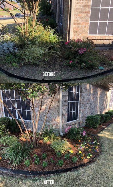 Before and after of a front garden bed with new mulch and flowers beside a stone house.
