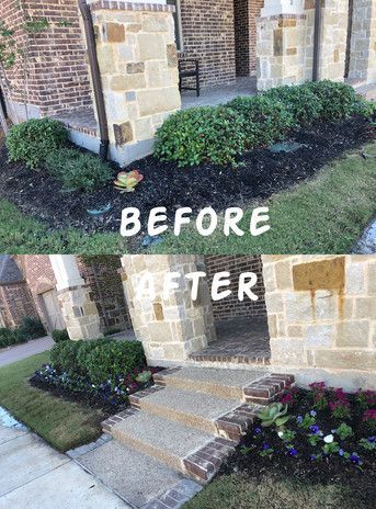 Before-and-after of a brick house entryway with landscaping and new stone steps