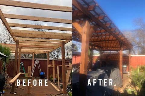 Before-and-after of a wooden patio pergola with lattice roof, showing finished shade cover and warm string lights.