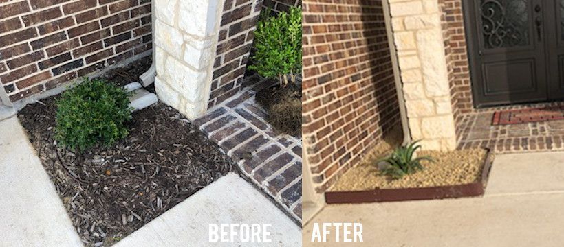Before-and-after of a brick house entryway, replacing mulch with a paved walkway and cleaned landscaping.
